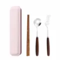 Portable Korean style wooden tableware set with storage box, chopstick, spoon, fork specs. - Three-Piece Set (Round Spoon, Fork, Chopsticks) / Storage Box Included