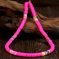 Colorful polymer clay choker necklace for women, 6mm bright pink round disc beaded jewelry. - Standard Chain Style (N2294-Y05) / Hot Pink
