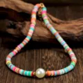 Kleurrijke klei heishi kralen choker halsketting met een parel voor dames modesieraden. - Meerkleurig Enkele Parel