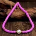 Paarse polymeer klei choker ketting met centrale parel en gouden accenten dames 6mm - Paars Enkele Parel