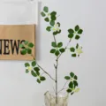Artificial plant branch variant, faux green leaves and white flowers for home decor. - Short Branch / White