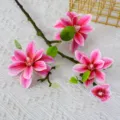 Artificial magnolia flower single branch with 4 pink heads for home wedding decor. - 56cm Length / Rose Red