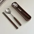 Korean style stainless steel flatware set with wood grain handle portable chopstick spoon box - Two-Piece Set (Round Spoon, Chopsticks) / Storage Box Included