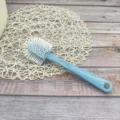 Long-handled multi-functional shoe cleaning brush, blue plastic with durable white stiff bristles. - Blue