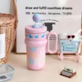 Pink stainless steel vacuum tumbler with straw and handle, cute design large capacity cup. - 650ml / Pink