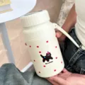 Bottiglia d'acqua termica in acciaio inossidabile con motivo gatto nero e comoda maniglia. - 1000ml / Gatto a Pois / Crema