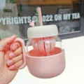 Pink glass tea cup with straw, handle, and infuser. Heat-resistant office water bottle. - 600ml / BSQ-794 Pink