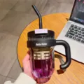 Gradient striped straw water cup with tea strainer and black handle for office and students - 540ml / Black