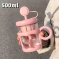 Pink glass water bottle with straw and wave protective sleeve, 500ml capacity for daily use. - 600ml / BSQ-844 Pink