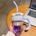 Gradient striped straw water cup with tea infuser and handle portable plastic drink bottle - 540ml / Purple