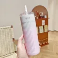 Gradient striped stainless steel insulated tumbler with straw portable water cup for daily use - 500ml / Pink