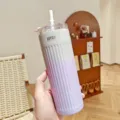 Gradient striped stainless steel insulated tumbler in white purple with straw and portable lid. - 500ml / Purple