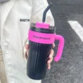 Gran vaso térmico de acero inoxidable con pajita y asa para uso diario en verano. - Negro