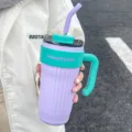 Vaso térmico de acero inoxidable degradado con pajita y asa, aislamiento al vacío. - Púrpura