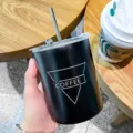 Black stainless steel insulated coffee tumbler with straw and minimalist print variant - 350ml / Black