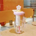 Süße Blumen Plastik Trinkflasche mit Strohhalm, großes Fassungsvermögen für Mädchen. - BSQ-286 Tulpen-Stil / 700ml / Rosa