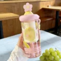 Süße Blumen-Strohhalm-Wasserflasche, großer Plastikbecher mit Griff, frisches Design, ideal. - BSQ-300 Zitronen-Stil / 700ml / Rosa