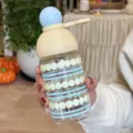 Glas-Wasserflasche mit süßem rundem Kugeldeckel und Strohhalm, transparentes Pünktchenmuster. - 370ml / Geometrisches Muster Blauer Deckel Stil / Gelb