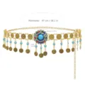 Bohemian ethnic style belly dance coin tassel waist chain with turquoise stones and vintage design. - Gold
