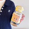 Süße Cartoon Glas Trinkflasche mit Strohhalm, tragbarer Schutzhülle und Skala für Schüler. - Einzelstück / Gelb (QY-1011)