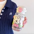 Niedliche Cartoon Glasflasche mit Strohhalm, Schutzhülle aus Leder und Skala für Studenten. - Einzelstück / Rosa (QY-1011)
