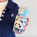 Süße Panda Glas Trinkflasche mit Strohhalm und Ledertasche, tragbarer Schülerbecher mit Deckel. - Einzelstück / Blau (QY-1011)