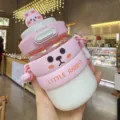 Cute pink glass water bottle with silicone sleeve straw portable cup for daily use new design - 16oz / Pink Rabbit