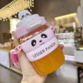 Cute pink panda glass water bottle with straw and strap, portable and heat-resistant. - 480ml / Pink Red Panda