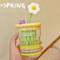 Süße Blumen Glas Trinkhalm Flasche ästhetische Becher Tasse für Büro Geschenk - 500ml / Gelb