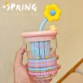 Niedliche Glas-Wasserflasche mit Blumen-Strohhalm und Teesieb Borosilikatglas Geschenk - 500ml / Rosa