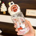 Süße Cartoon Bär Trinkflasche mit Strohhalm und 3D Figur Deckel, transparente Plastik Tasse. - 550ml / Weiß