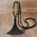 Retro etnische stijl kralen lange ketting met zwarte stenen tijgeroog en kwast. - Klassiek Zwart Stijl (N2677) / Zwarte Steen + Zwarte Kwast