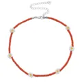 Red seed bead choker necklace with white daisy flowers and silver clasp for women summer style. - Red