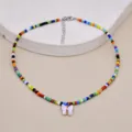 Colorful seed bead choker necklace with cute pink butterfly pendant for summer fashion wear. - N2468 Pink Butterfly / Pink
