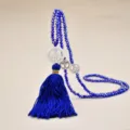 Blue crystal beaded tassel necklace with peace sign pendant long sweater chain accessory - Dark Blue Style (N2457-01)