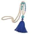 Bohemian long wooden bead necklace featuring turquoise stones and blue tassel for women - Blue Tassel Clay Turquoise Style (N2349-Y03)