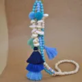 Boho multi-element beaded necklace with blue tassels and natural shells for beach style. - Blue Tassel Style (N2343-Y01)