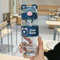 Nahaufnahme der süßen Bären-Trinkflasche mit Strohhalm, Klappdeckel und praktischem Silikongriff. - 650ml / Blau