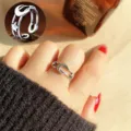 Vintage silver open ring with moon and star design, boho gothic knuckle ring for women. - Adjustable Open / Star Moon Safety Pin Style (R1347B)