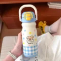 Niedliche Edelstahl Thermoskanne mit Strohhalm und Griff für Studenten und Frauen - 500ml / Blau (KH-1017)