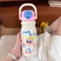 Süße edelstahl thermosflasche mit rosa deckel und cartoon druck, studenten wasserbecher - 500ml / Weiß (KH-1017)