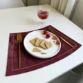 Faux velvet leather placemat fan-shaped dining table mat waterproof oil-proof insulation pad - Embroidered Style Wine Red