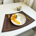 Brown fan-shaped placemat waterproof leather table mat for modern home dining decor - Embroidered Style Coffee