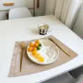 Ins style waterproof leather table placemat with gold trim, elegant dining table decor and insulation. - Embroidered Edge Wood Grain Apricot