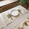 Bohemian cotton woven placemat with fringe, vintage dining table mat and heat resistant kitchen decor - 30x50cm / Single Ribbon Beige