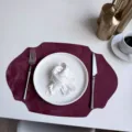 Burgundy leather placemat, oval imitation velvet heat insulation mat for dining table decor. - Burgundy