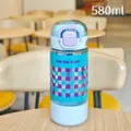 580ml plastic water bottle with straw, blue check double drink sport tumbler cup for student - 580ml / Xbd-6149 Blue
