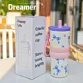 Stainless steel insulated tumbler with straw and silicone sleeve, cute bow design, coffee cup. - Portable Straw Cup Purple