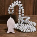 Natural Rose Quartz Fish Pendant Faceted Beaded Long Necklace Handmade Knotted Sweater Chain - Rose Quartz