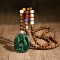Vintage natural stone beaded wooden long necklace with irregular green pendant sweater chain - Green